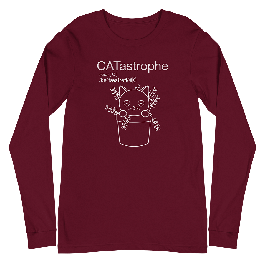 Catastrophe Unisex Long Sleeve Tee, Cat in Plant Pot, White Print product image (2)
