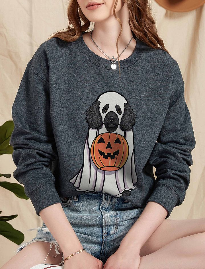 Funny Halloween Mini Poodle(Black) Sweatshirt | Funny Poodle Wearing a Ghost Costume and Holding a Pumpkin Basket product image (1)
