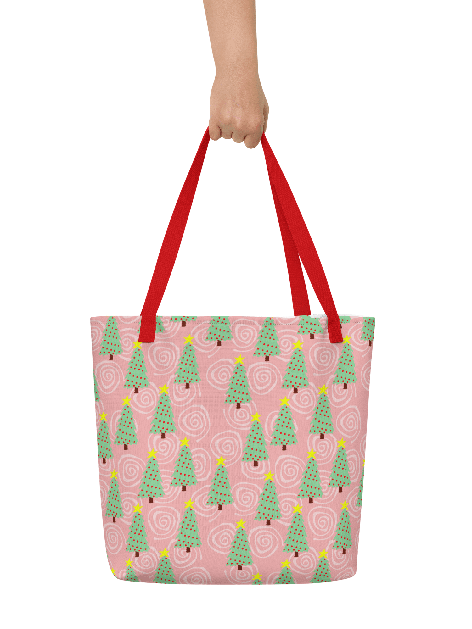Green Christmas Trees on Christmas Pink with Swirls – Large Tote Bag product image (6)