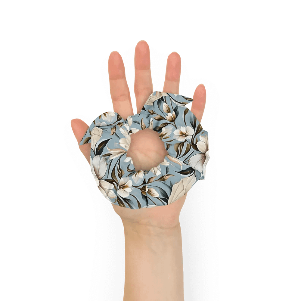 Hair Scrunchie - White and Beige Flowers on a Light Blue Background product image (7)