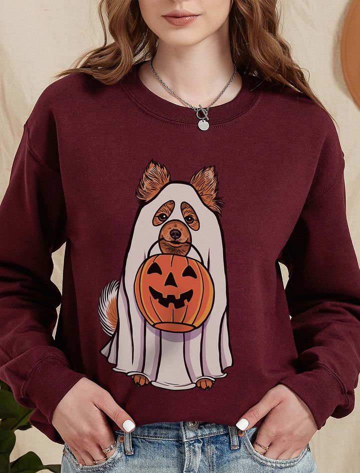 Funny Halloween Pomeranian Sweatshirt | Funny Pomeranian Wearing a Ghost Costume and Holding a Pumpkin Basket product image (10)