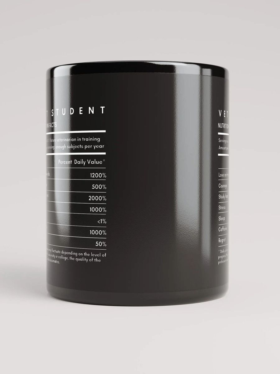 "Vet Student Nutrition Facts" black glossy mug product image (4)