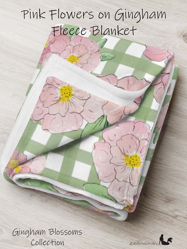 Pink Flowers on Green Gingham Fleece Throw Blanket product image (1)