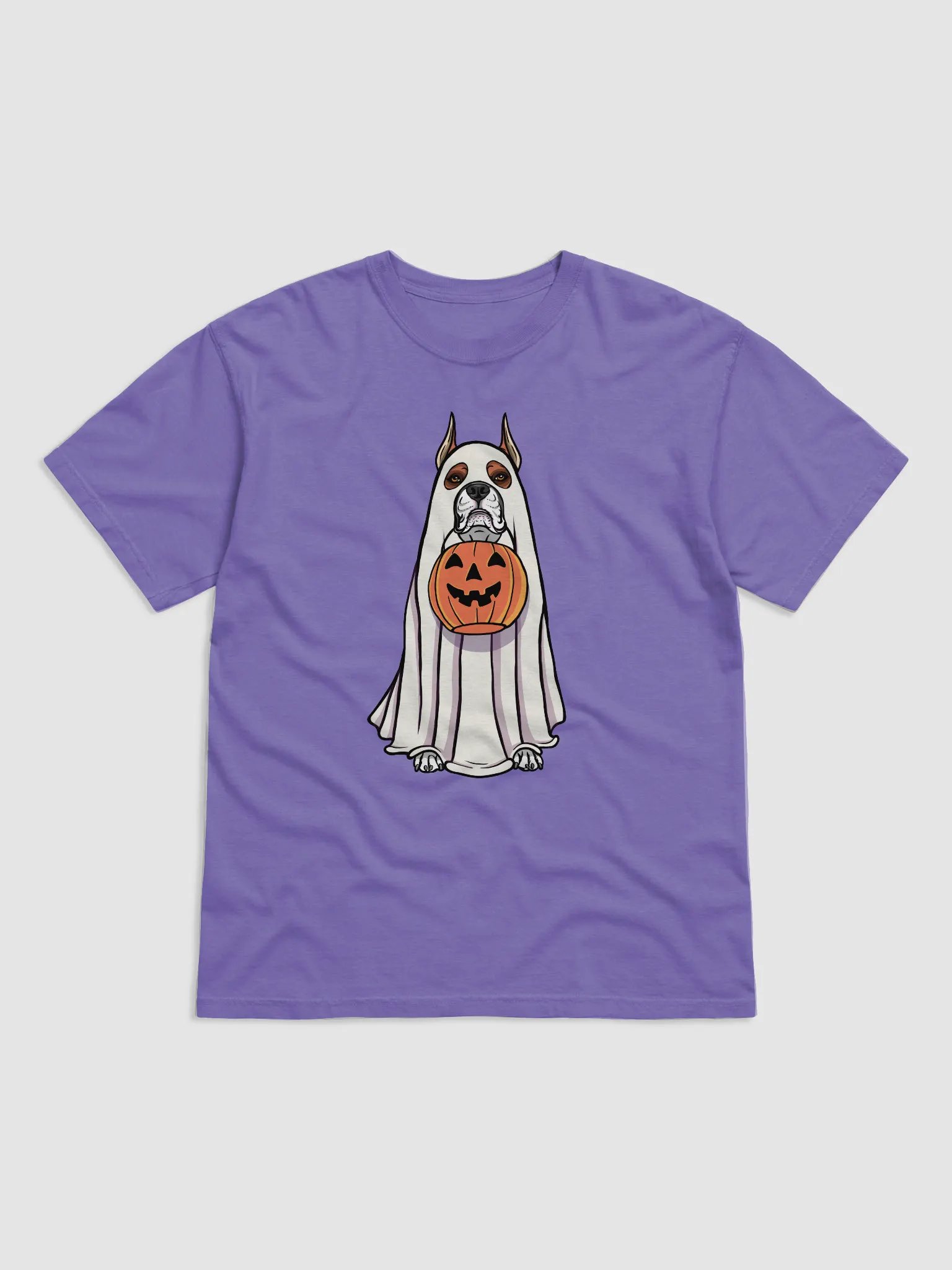 Funny Halloween Boxer Dog(Cropped Ears) T-Shirt | Funny Boxer Wearing a Ghost Costume and Holding a Pumpkin Basket product image (28)
