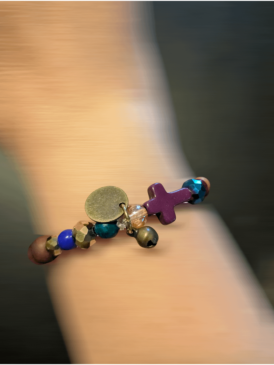 Handmade Multi Color Bracelet with Purple Cross & Bell product image (3)