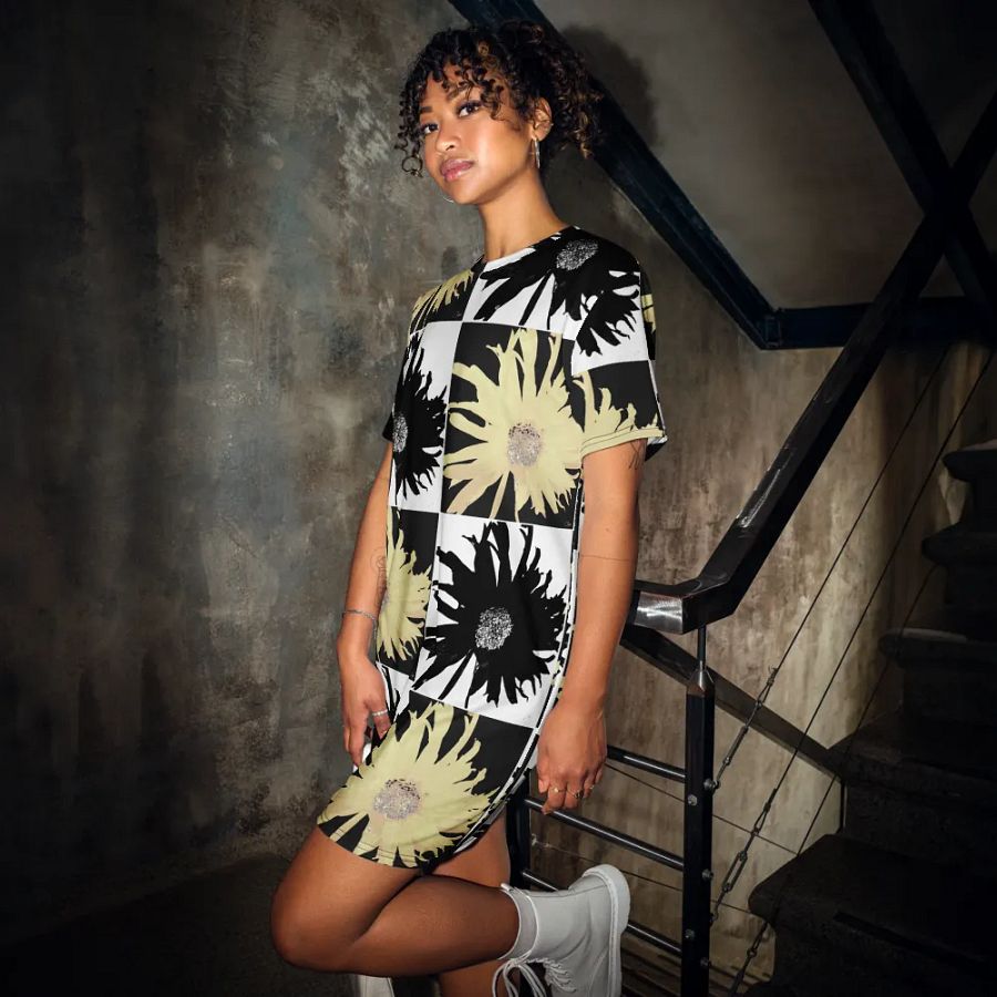 Abstract Black and Yellow Daises Ladies T Shirt Dress product image (2)