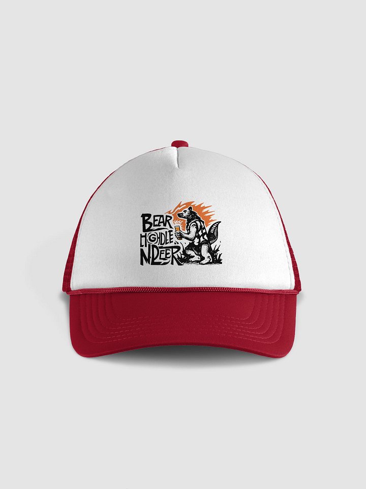 Flame-Backed Bear Holding Beer | Bold Lettering Art Hat product image (1)