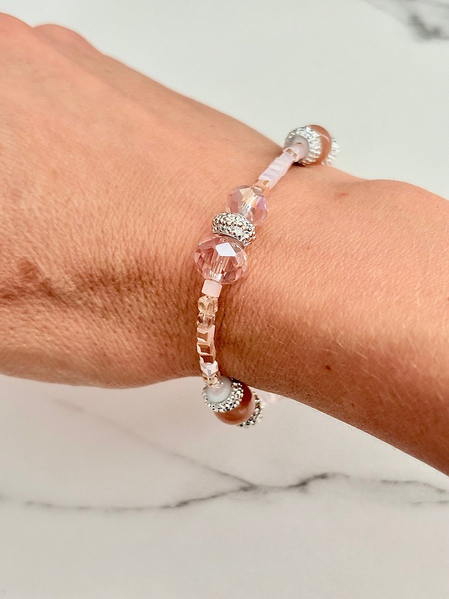 Blush Whisper | Faceted & Iridescent Bead stretch Bracelet with Lobster Clasp | Handmade 7.5" Coastal Charm | by Monique Faella Designs™ | MFD-00053 product image (4)