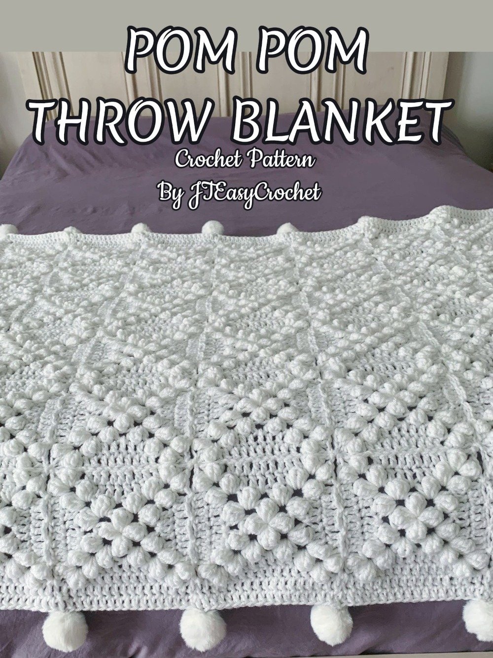 Granny Square Blanket With Poms, Easy Crochet Pattern & VIDEO, Textured Crochet Throw Home Decor, Baby Gift product image (3)