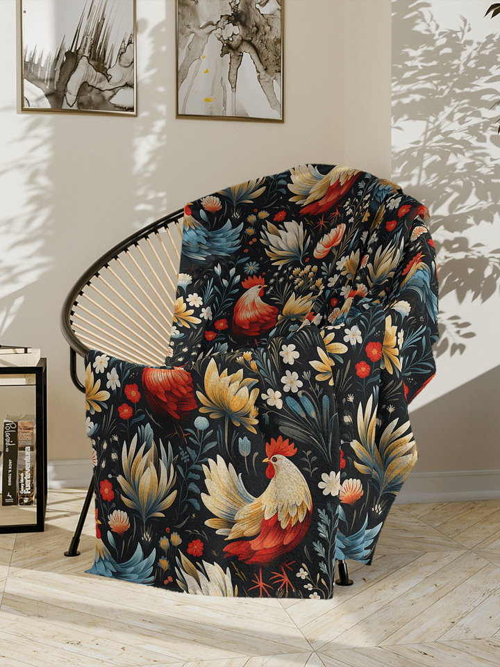 Floral Rooster Blanket - Blue & Red product image (1)