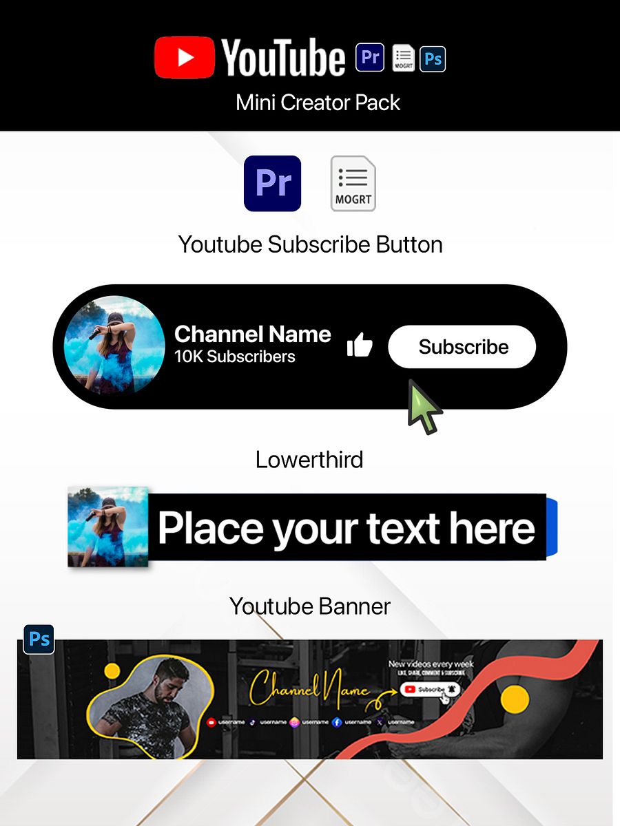 Animated YouTube Subscribe Button and Text Lower Third for Adobe Premiere Pro! | Mini Creator Pack product image (2)