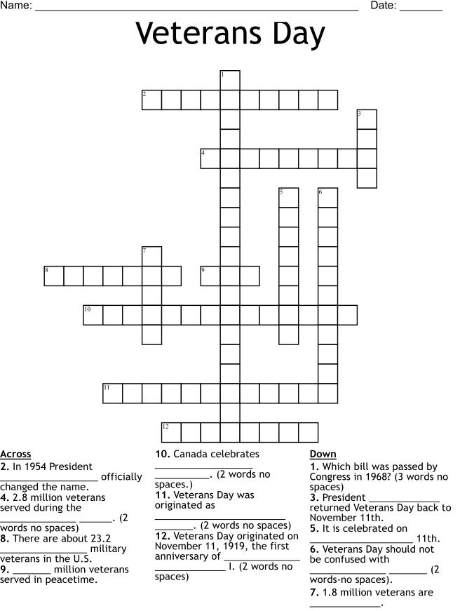 Veterans Day Crossword Puzzle Worksheet product image (2)