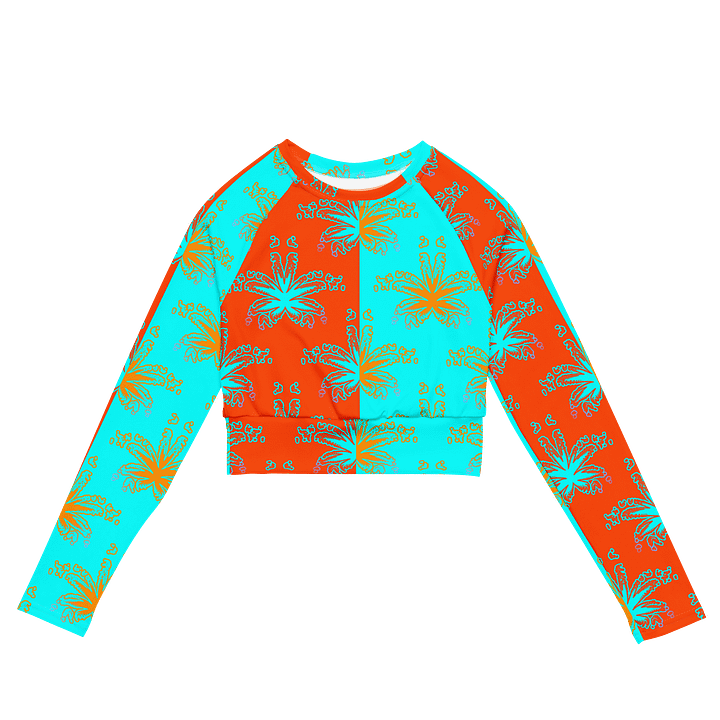 Cannabis Beach Recycled Long-Sleeve Crop Top, Summertime Stoner Twisted Circus Stripes Shirt, Orange Aqua Blue Weed Leaf Pattern Clothing product image (2)