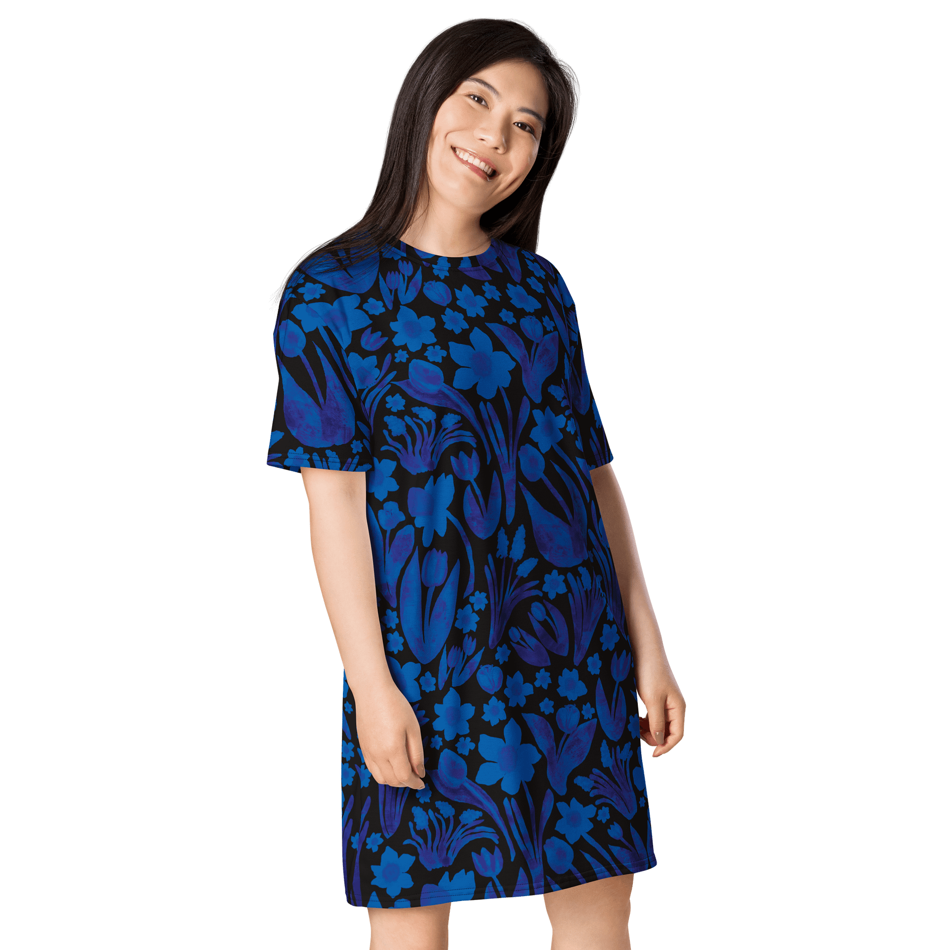 Spring Garden | Royal Blue Florals on Black | T-Shirt Dress by Monique Faella Designs™ product image (4)