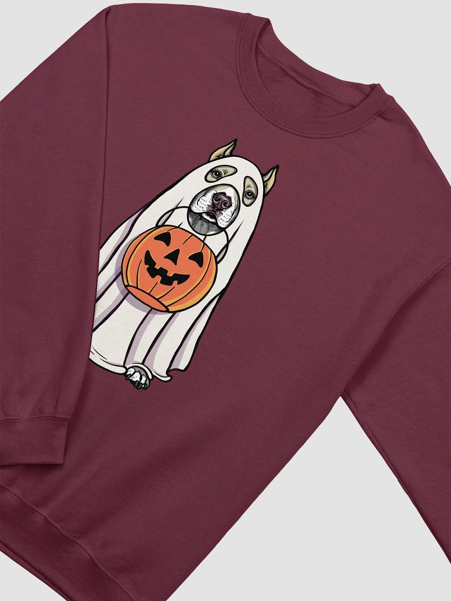 Funny Halloween Pitbull Terrier(Cropped Ears, Fawn) Sweatshirt | Funny Pittie Wearing a Ghost Costume and Holding a Pumpkin Basket product image (13)