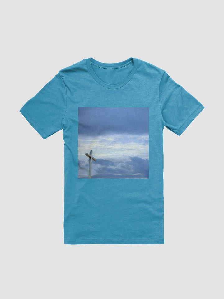 A cross standing against a dramatic sky with layers of clouds t-shirt product image (1)