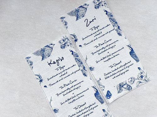 Toile inspired personalized linen menus  #fabricmenu #linenmenu #weddinginspiration