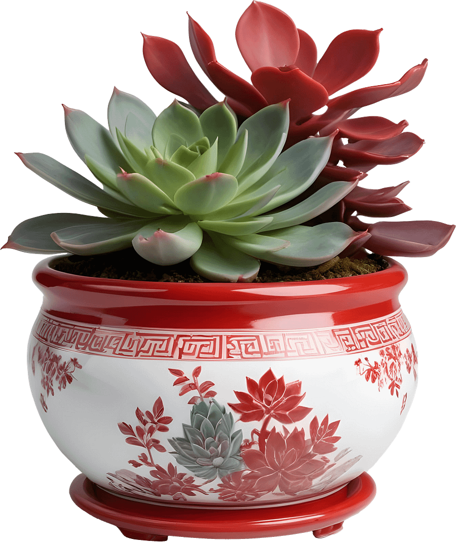 Chinese Porcelain Pot with Succulents – Red and White Décor PNG product image (1)