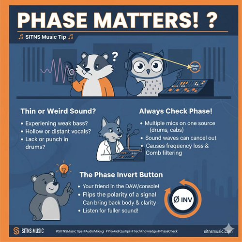 Phase Matters! 🤔 Thin or weird sound? SITNS Music Tip: Always check phase relationships, especially with multiple mics on one...