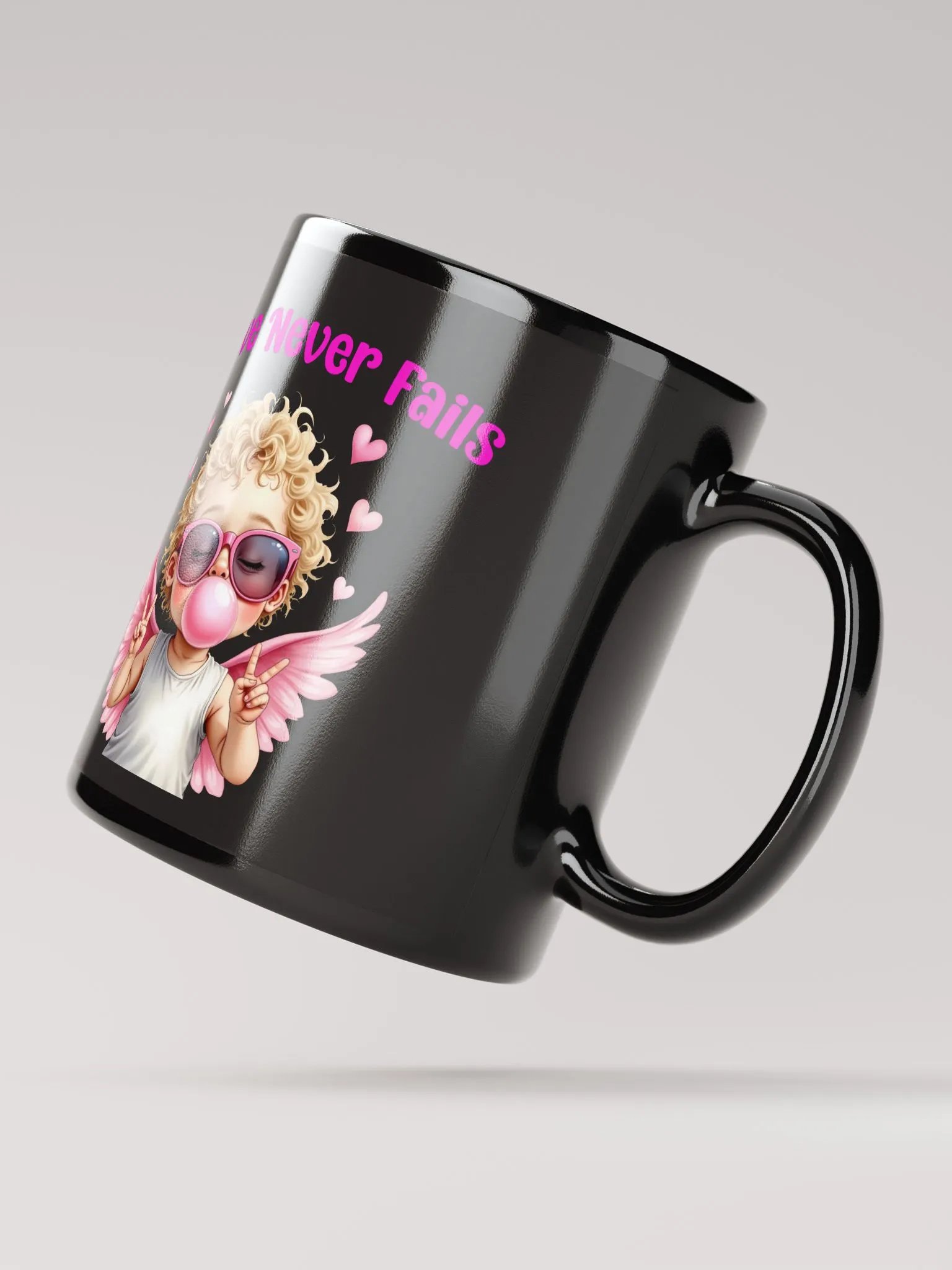 Love Never Fails Valentine Retro Cupid Valentine's Day Black Glossy Mug product image (5)