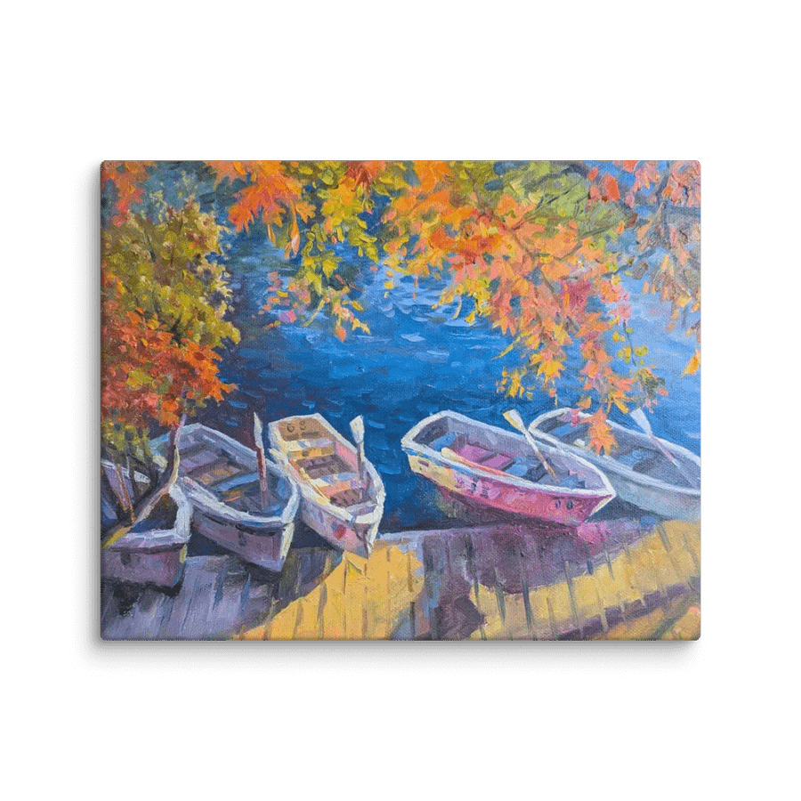 Autumn Maple Leaves and Boats on the Lake-Oil Painting Canvas Print product image (1)
