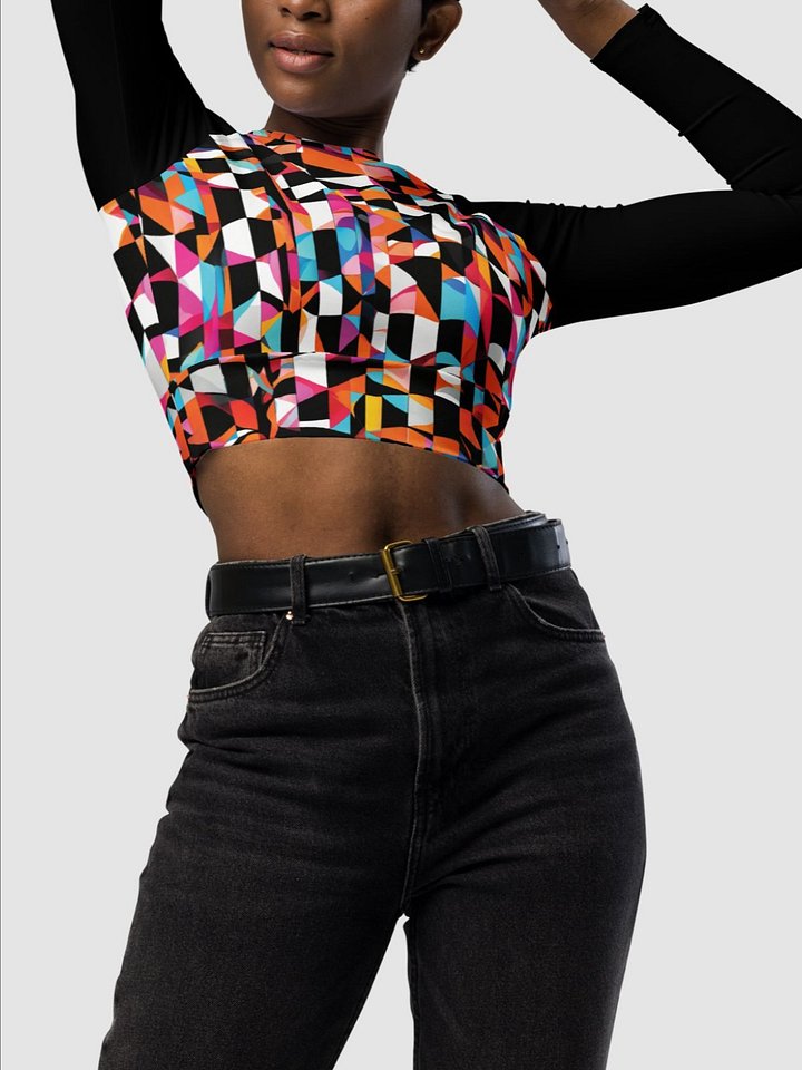 Recycled Long Sleeve Crop Top "Colorful Modern Abstract Checkered Art Printed" product image (1)