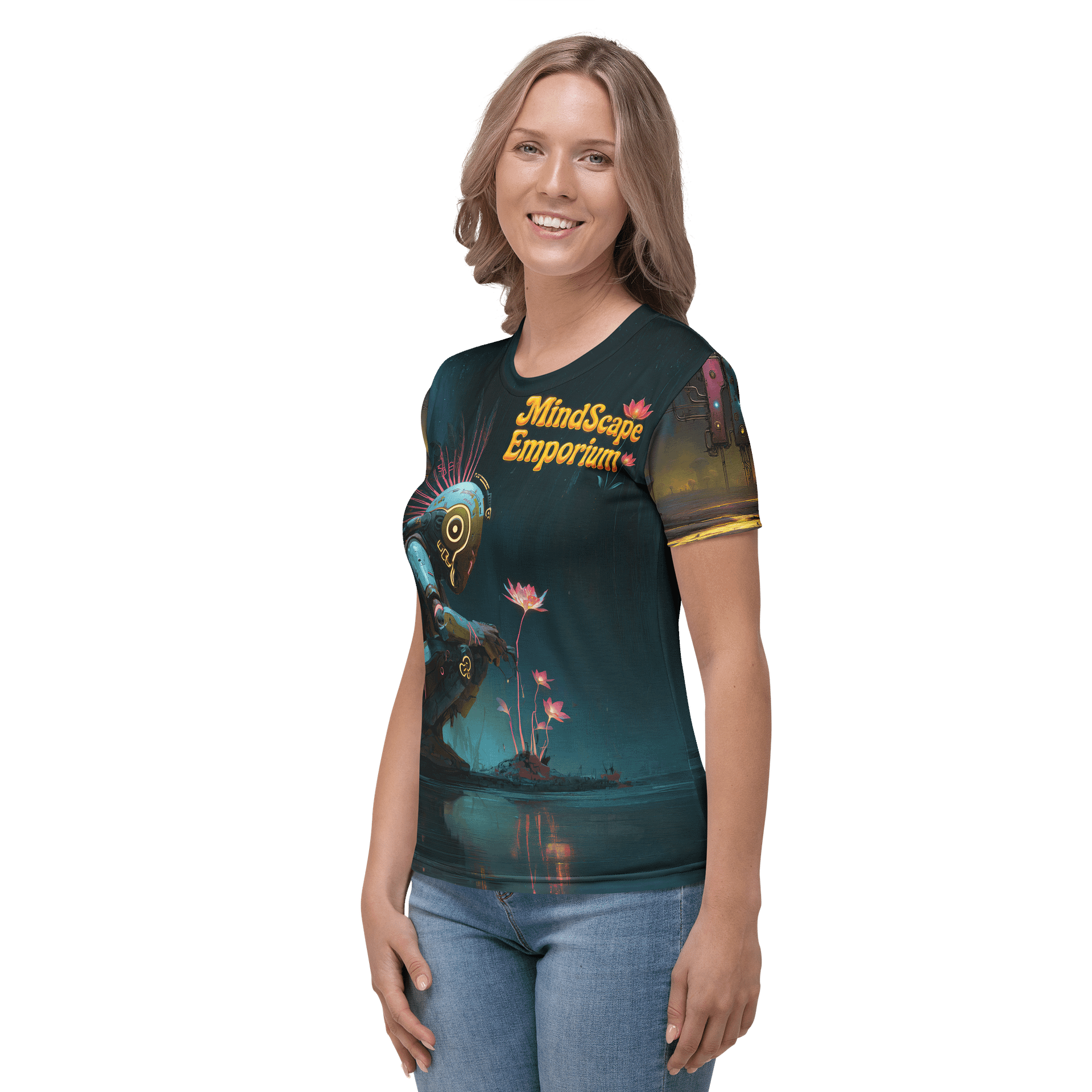 Neon Bloom – Futuristic Android & Lotus All-Over Print Tee | Tech-Nature Cyber Art Shirt product image (3)