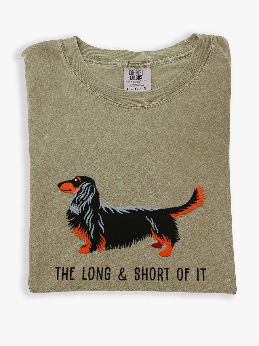 The Long & Short of It T-Shirt(Embroidered) of a Longhaired Dachshund(Black & Tan) product image (1)