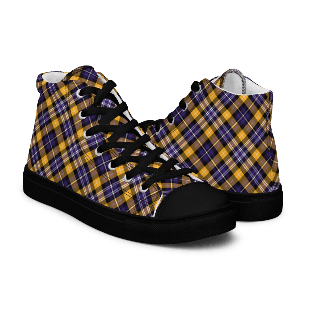 Purple and Yellow Gold Sporty Plaid Men's High Top Shoes product image (7)