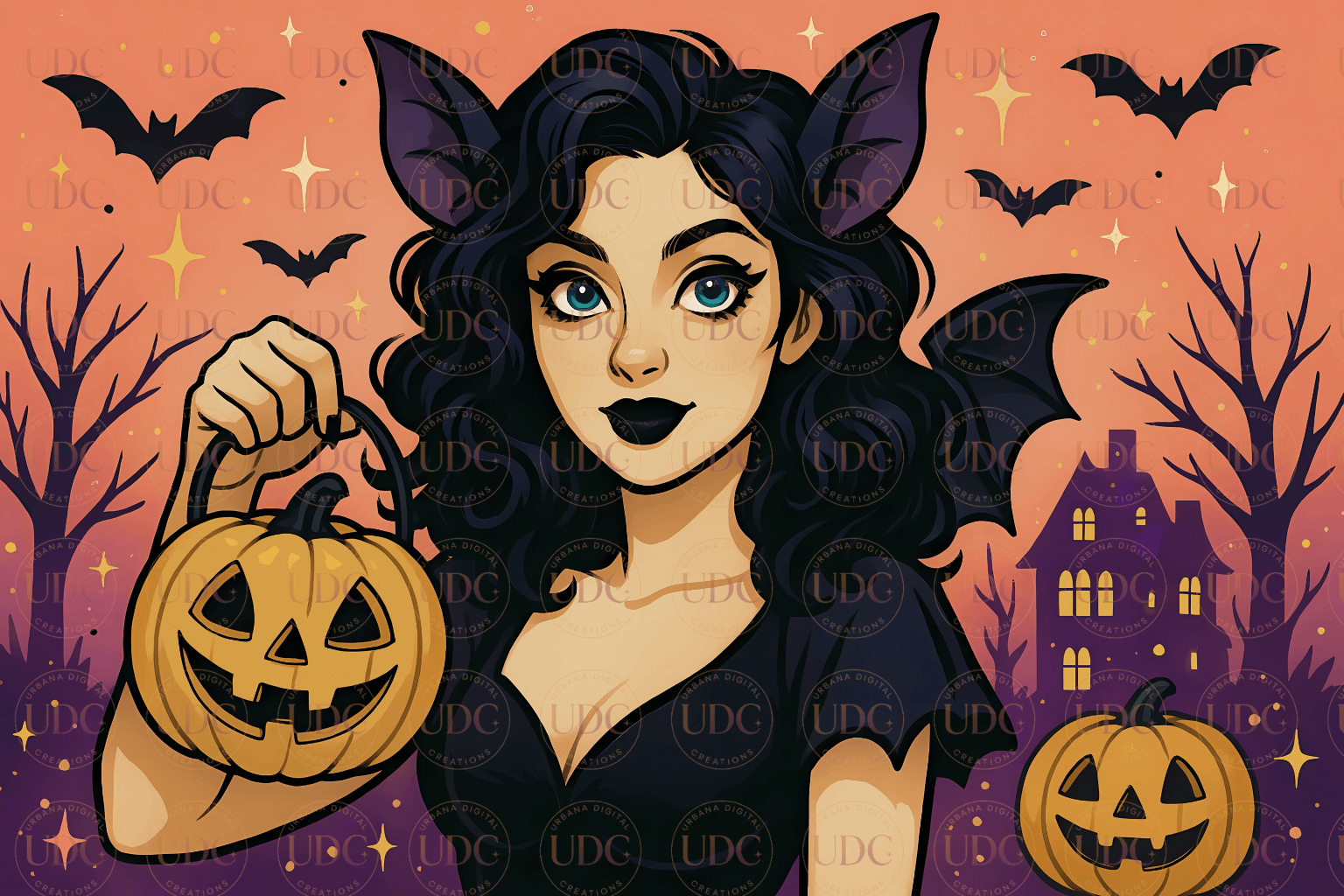 Bat-Eared Gothic Witch Halloween Tumbler Wrap PNG – Black Dress, Pumpkin, Haunted House & Sunset Bats for 20oz Skinny Tumblers product image (1)