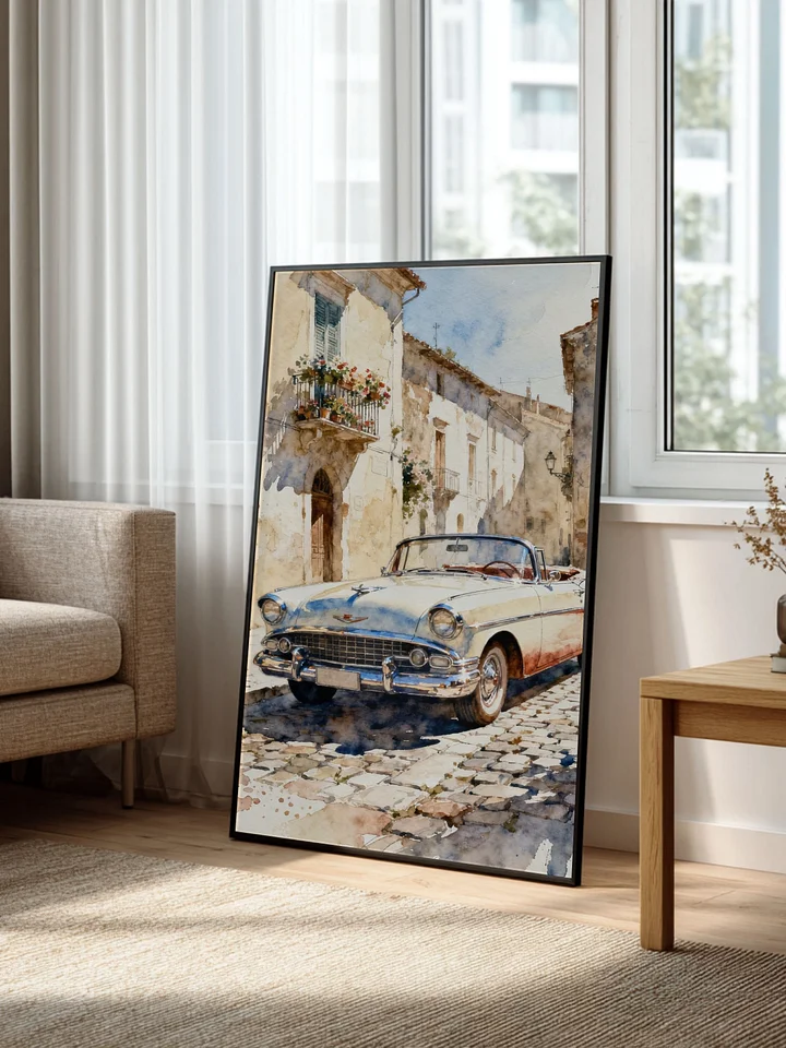 Vintage Car Wall Art – Retro Watercolor Classic Car Print, 1950s Convertible Artwork, Vintage Vehicle Decor for Home, Office or Garage – Printable Wall Art PDF product image (2)