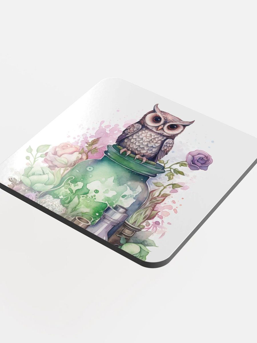 Glossed Cork Coaster 🦉 Peaceful Green with a Hint of Pink - Owls Vibes - Motif 2 product image (4)