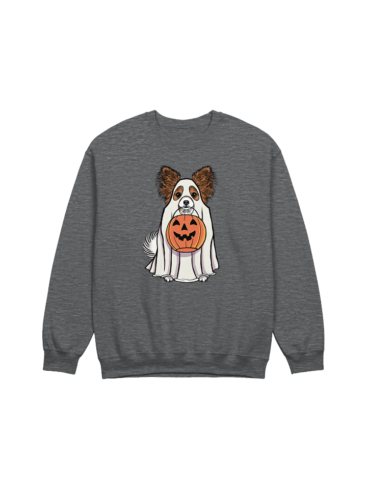 Funny Halloween Papillon Sweatshirt | Funny Papillon Wearing a Ghost Costume and Holding a Pumpkin Basket product image (1)