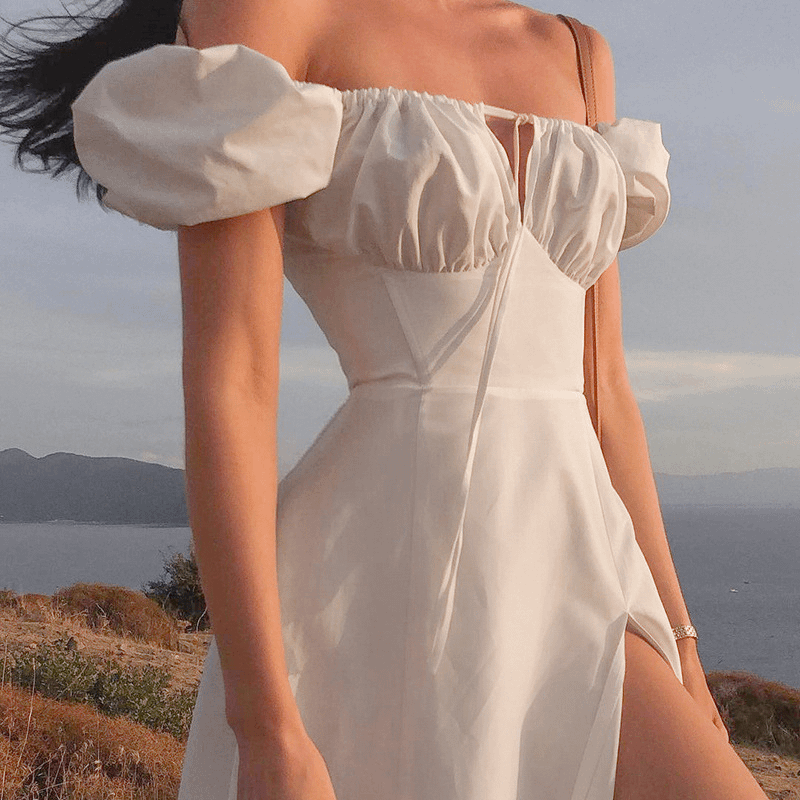 Square Neck Waist High Slit Puff Sleeve Dress product image (4)