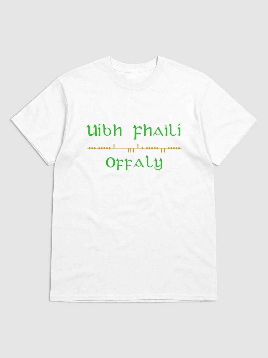 Offaly/Uíbh Fhailí Scholastic style Ogham white printed T-shirt product image (1)