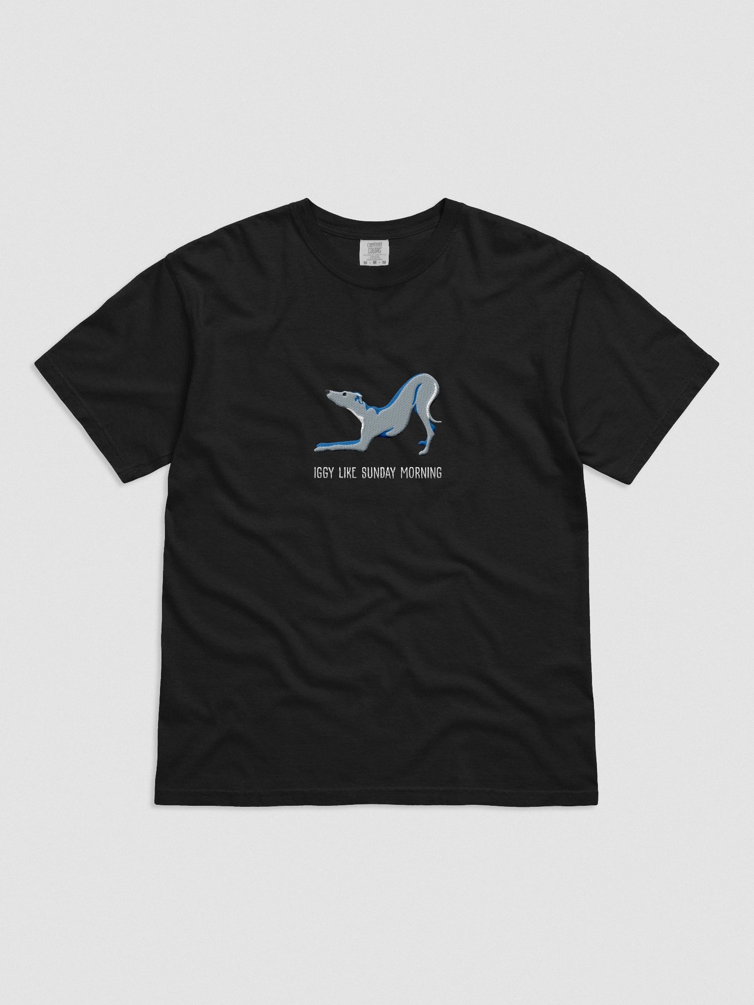 Iggy Like Sunday Morning T-Shirt(Embroidered) of an Italian Greyhound(Blue) product image (4)