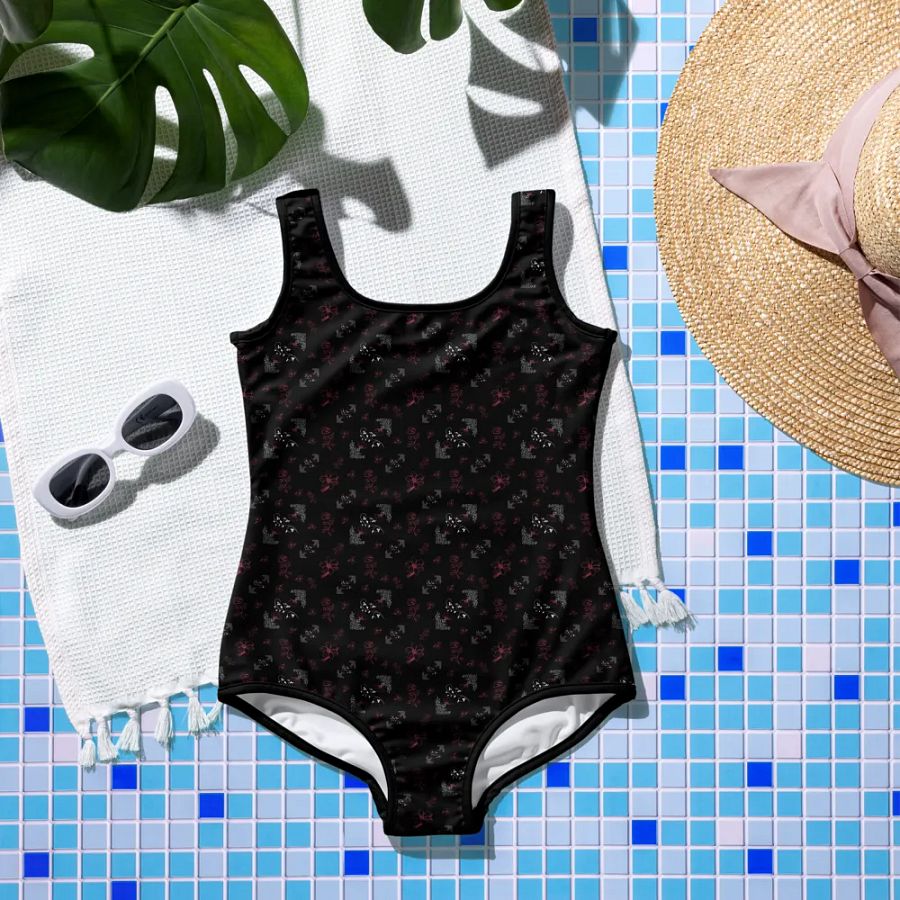 Magenta and White Flowers on Black One-Piece Youth Swimsuit product image (5)