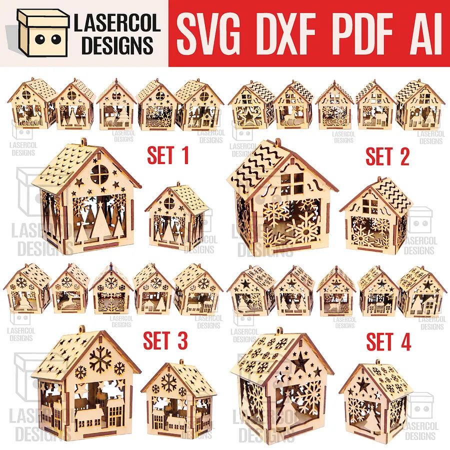 Christmas House Ornaments Bundle (Set 1-2-3-4) - Laser Cut Files product image (1)
