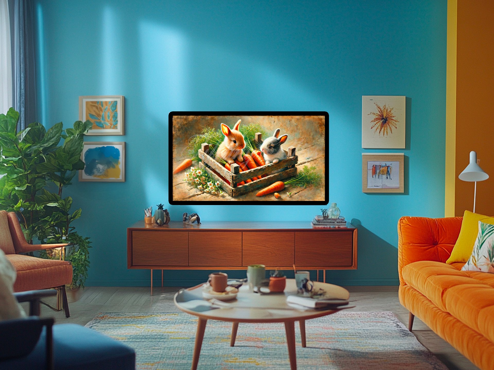 Samsung Frame TV Art, Country Spring Bunny Carrots Painting, Cottagecore, Digital Download product image (5)