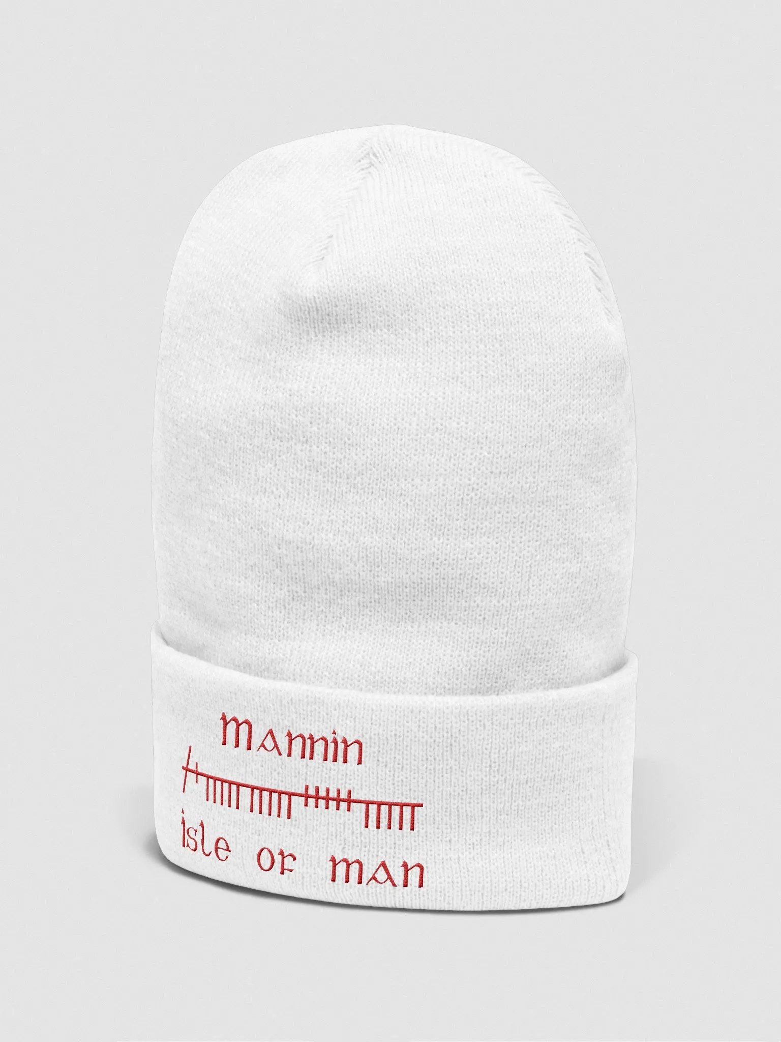 Isle of Man/Mannin Orthodox style Ogham, White with Red, embroidered Cuffed Beanie product image (2)