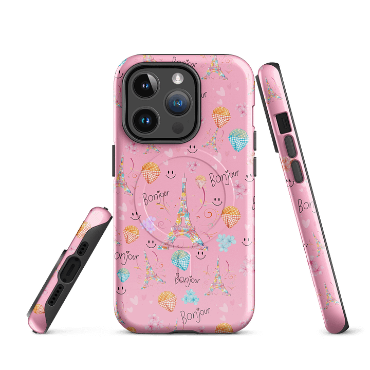 Bonjour Paris Pink iPhone Case | Eiffel Tower MagSafe Compatible Phone Cover with Cute French Design product image (1)