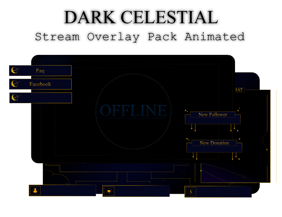 SIMPLE Dark STREAM OVERLAY Celestial, Dark overlay pack, Celestial Animated Overlay, Stream overlay pack, Black and gold Overlay product image (1)