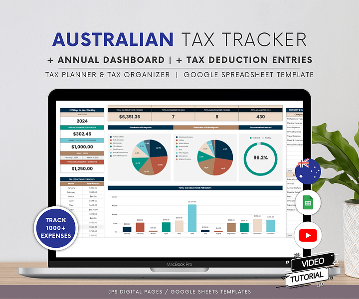 Australian Tax Deductions Tracker & Dashboard Spreadsheet, Google Sheets Template product image (1)