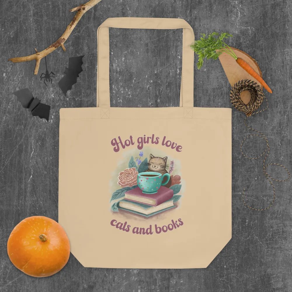Hand-drawn cat floral canvas tote bag, Gift for a book lover - Hot Girls Love Cats and Books product image (6)