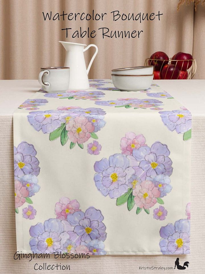 Gingham Blossoms Lavender Bouquet on Ivory Table Runner product image (1)
