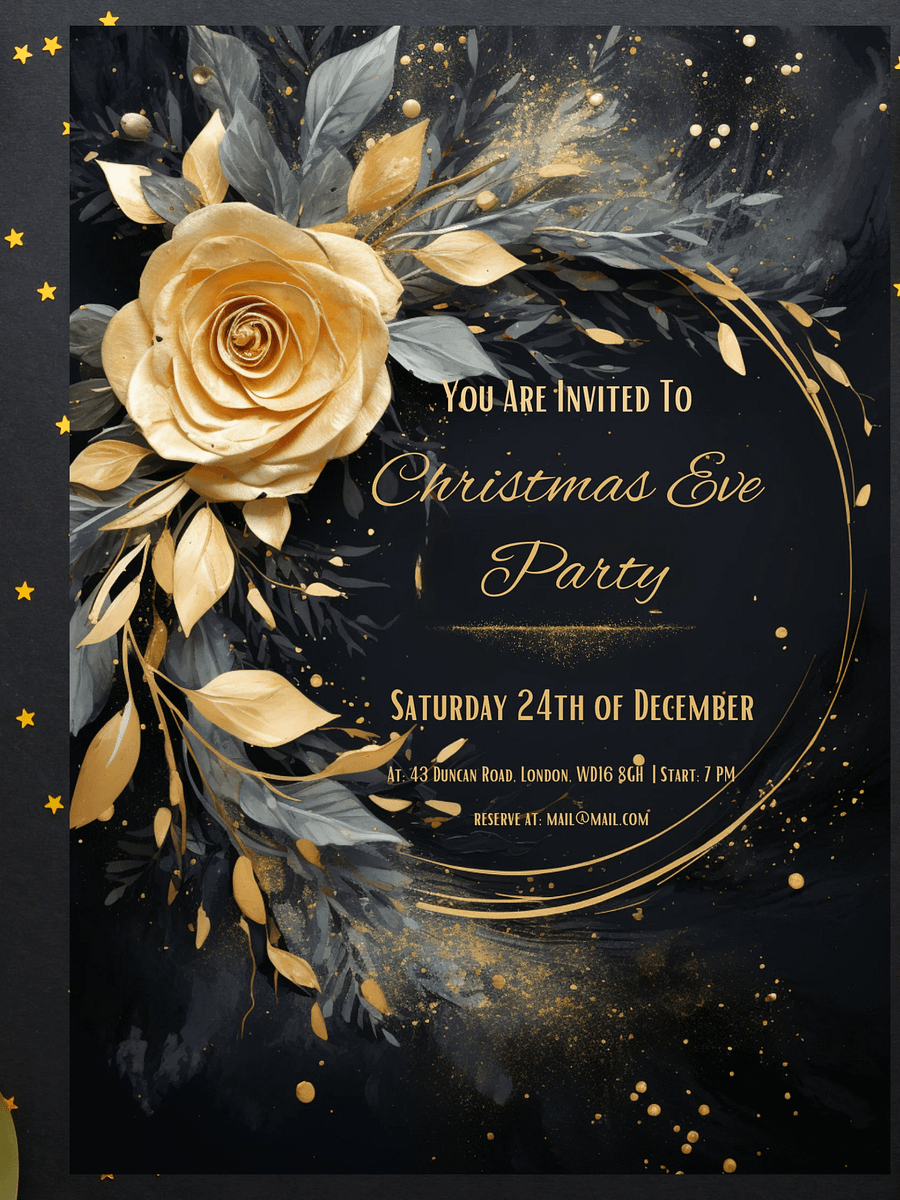 3D Gold Rose Christmas Eve Party Invitation | Editable in Canva | Christmas Party Printable | Holiday Invitation Template | Link to Canva product image (5)