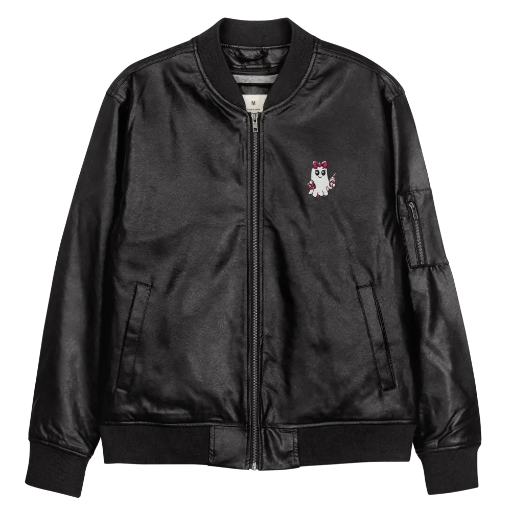 Cute Ghost Embroidered Faux Leather Bomber Jacket product image (10)