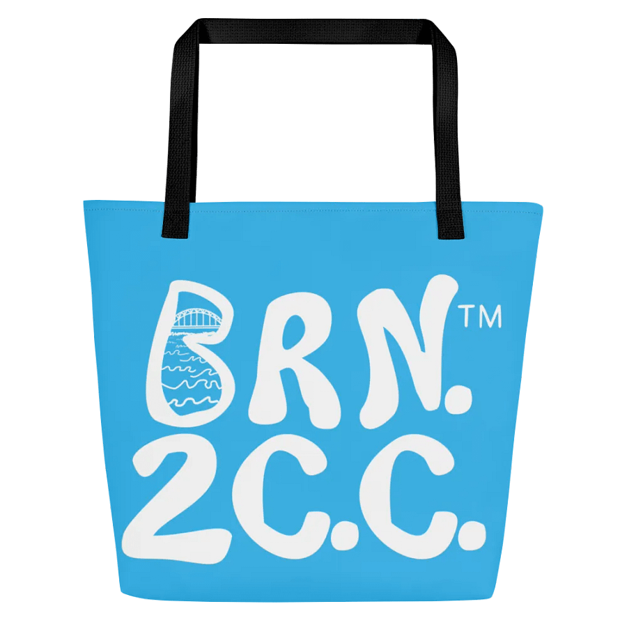 BRN.2C.C.™ | Large Tote Bag with Pocket | Coastal Classic | All-Over Logo Print | White Logo on Deep Sky Blue product image (4)