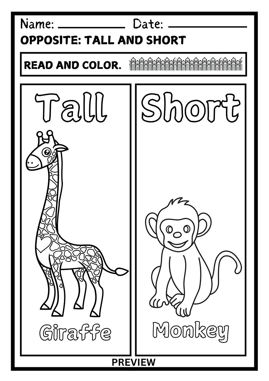Opposites Worksheet Tall and Short Black and White – Fun Read and Color Activity PDF product image (1)