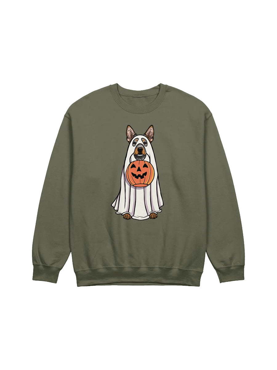 Funny Halloween Australian Cattle Dog Sweatshirt | Funny Blue Heeler Wearing a Ghost Costume and Holding a Pumpkin Basket product image (17)